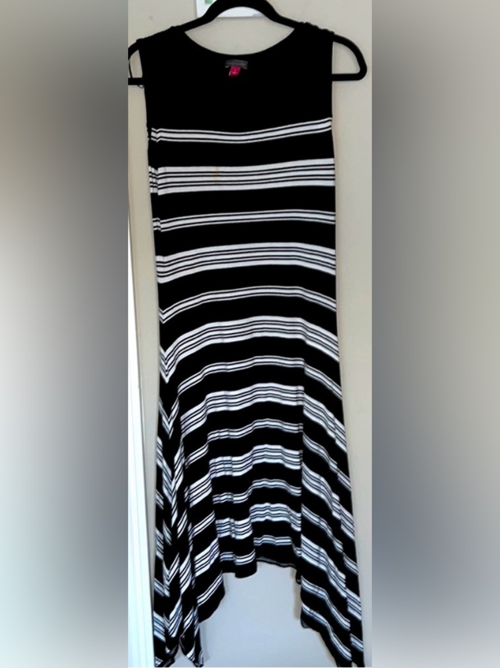 Vince Camuto high Low Black and White Stripped midi Dress